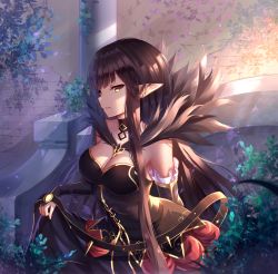 Rule 34 | 1girl, assassin, bare shoulders, black dress, black hair, breasts, bridal gauntlets, cleavage, detached sleeves, dress, fate/apocrypha, fate/grand order, fate (series), fur trim, highres, large breasts, long dress, long hair, looking at viewer, peter02713, pointy ears, semiramis (fate), smile, solo, spikes, very long hair, yellow eyes