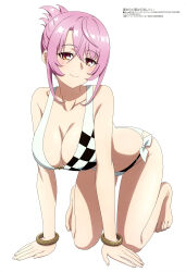 1girl absurdres bare_shoulders bikini breasts checkered_bikini checkered_clothes cleavage collarbone folded_ponytail highres large_breasts looking_at_viewer magazine_scan megami_magazine nageki_no_bourei_wa_intaishitai official_art pink_hair scan side-tie_bikini_bottom sidelocks simple_background sitri_smart smile solo swimsuit thighs white_background white_bikini