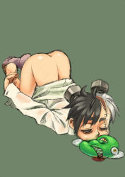 Rule 34 | 1girl, ass, barefoot, black hair, bolt (hardware), bottomless, closed eyes, frankenstein&#039;s monster, kanemaki thomas, mouth hold, multicolored hair, naked shirt, shirt, short hair, sleeping, soles, solo, split-color hair, stitches, top-down bottom-up, two-tone hair, white hair