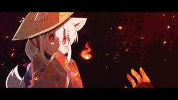 Rule 34 | 1girl, albino, animal ears, commentary request, embers, fire, floral print, fox ears, fox girl, fox tail, hair ribbon, hand to own mouth, haori, hat, highres, hitodama, jacket, japanese clothes, kimono, letterboxed, light blush, long hair, long sleeves, looking at another, original, outstretched hand, parted lips, pink jacket, red eyes, red ribbon, ribbon, rice hat, simple background, solo focus, sweat, tail, upper body, white hair, white tail, wide sleeves, yellow kimono, yukinagi