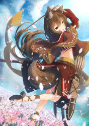 Rule 34 | 1girl, animal ear fluff, animal ears, arm up, arrow (projectile), black footwear, black skirt, blue sky, blush, bow (weapon), brown capelet, brown hair, capelet, cloud, commentary request, coreytaiyo, cropped jacket, day, dutch angle, facial mark, field, flower, flower field, fox ears, fox girl, fox tail, fringe trim, hair between eyes, highres, holding, holding arrow, jacket, long hair, long sleeves, looking at viewer, looking back, open mouth, original, outdoors, petals, pink flower, puffy long sleeves, puffy sleeves, quiver, red jacket, shoe soles, signature, skirt, sky, solo, standing, standing on one leg, tail, very long hair, weapon, white flower, yellow eyes