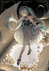 Rule 34 | 1girl, absurdres, conductor baton, black bow, black dress, black footwear, black hairband, blue hair, book, bow, chinese commentary, closed eyes, closed mouth, dated, dress, elbow gloves, english text, flower, footwear bow, gears, gloves, hairband, hatsune miku, highres, long hair, long skirt, open book, oversized object, pantyhose, pleated skirt, rose, see-through, see-through skirt, shatang wei xing cheng, shoulder tattoo, skirt, skirt hold, sleeveless, sleeveless dress, smile, solo, sparkle, standing, tattoo, twintails, very long hair, vocaloid, walking, white gloves, white pantyhose, white skirt