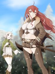 Rule 34 | 2girls, absurdres, ahoge, blue sky, breasts, brown pants, capelet, clothing cutout, cloud, day, dress, elf, eris greyrat, fingerless gloves, gloves, green capelet, hand on own hip, highres, large breasts, long hair, medium hair, multiple girls, mushoku tensei, navel, outdoors, pants, pointy ears, red eyes, red hair, rora (user vgpk4444), scabbard, sheath, sheathed, shirt, sky, sword, sylphiette (mushoku tensei), thighhighs, weapon, white dress, white hair, white shirt