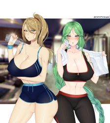 Rule 34 | 2girls, absurdres, black pants, black sports bra, blonde hair, blue eyes, blue shorts, blue sports bra, blush, bottle, breasts, cleavage, closed mouth, collarbone, cryptid crab, gluteal fold, green eyes, green hair, highres, holding, holding bottle, kid icarus, large breasts, lips, looking at viewer, metroid, mole, mole under mouth, multiple girls, navel, nintendo, palutena, pants, ponytail, samus aran, shiny skin, short shorts, shorts, sports bra, super smash bros., twitter username, water, water bottle