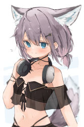 Rule 34 | 1girl, animal ears, arknights, bare shoulders, bikini, black bikini, blue eyes, blush, bracelet, closed mouth, collarbone, extra ears, flat chest, fox ears, fox girl, fox tail, grey hair, headphones, headphones around neck, highres, jewelry, looking at viewer, low twintails, material growth, navel, official alternate costume, oripathy lesion (arknights), see-through, short hair, short twintails, simple background, smile, solo, sussurro (arknights), sussurro (summer flower) (arknights), swimsuit, tail, twintails, upper body, white background, yuukun mk-ii