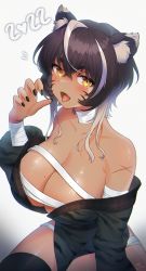 Rule 34 | 1girl, 2022, ahoge, animal ear fluff, animal ears, artist name, black hair, black nails, black thighhighs, blush, breasts, collarbone, commentary, facial mark, fang, fingernails, gradient background, grey background, highres, large breasts, looking at viewer, mole, mole on breast, mole under eye, multicolored hair, nail polish, noixen, open mouth, original, sarashi, scar, short hair, skin fang, solo, tan, thighhighs, thighs, tiger ears, tiger girl, tongue, tongue out, two-tone hair, whisker markings, white hair, yellow eyes