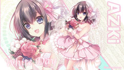 Rule 34 | 1girl, azki (hololive), bare shoulders, black hair, blue eyes, bouquet, commentary request, detached collar, dress, flower, gloves, hair between eyes, hair ornament, highres, holding, holding bouquet, hololive, looking at viewer, open mouth, pink dress, pink gloves, sakurano ru, short hair, sidelocks, sleeveless, sleeveless dress, solo, strapless, strapless dress, virtual youtuber