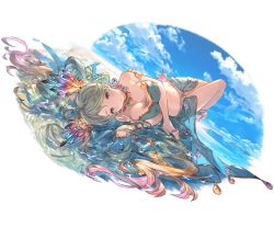 Rule 34 | 1girl, antenna hair, bare shoulders, barefoot, bikini, blue sky, blush, breasts, choker, cleavage, cloud, crystal, day, de la fille, earrings, granblue fantasy, green eyes, green hair, hair ornament, jewelry, large breasts, long hair, looking at viewer, lying, minaba hideo, multicolored hair, navel, ocean, official art, outdoors, parted lips, ring, sky, solo, swimsuit, transparent background, twintails, water, wet