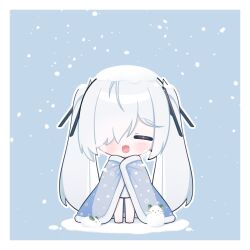 1girl :3 blanket blush border chibi cinderella_(nikke) closed_eyes full_body goddess_of_victory:_nikke hair_over_one_eye long_hair momori_sensei open_mouth snow snow_rabbit solo star_(symbol) twintails very_long_hair whiskers white_border white_hair wrapped_in_blanket