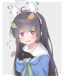 Rule 34 | 1girl, ahoge, black gloves, black hair, blue archive, blue serafuku, blush, collarbone, commentary request, flying sweatdrops, gloves, green neckerchief, grey background, hairband, highres, kaki oka rinto, leaf, long hair, long sleeves, looking at viewer, miyu (blue archive), motion lines, neckerchief, nervous, open mouth, own hands together, red eyes, school uniform, serafuku, solo, sweatdrop, trembling, upper body, white background