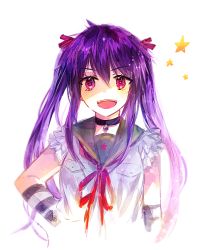 Rule 34 | 1girl, :d, choker, cropped torso, ebisuzawa kurumi, elbow gloves, floating hair, gakkou gurashi!, gloves, hair between eyes, hair ribbon, hand on own hip, long hair, looking at viewer, mint5464, neck ribbon, open mouth, purple hair, red eyes, red ribbon, ribbon, sailor collar, school uniform, shirt, simple background, sketch, sleeveless, sleeveless shirt, smile, solo, striped clothes, striped gloves, twintails, upper body, very long hair, white background, white shirt