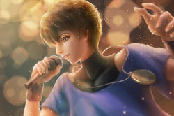 Rule 34 | 1boy, arm up, brown eyes, brown hair, child, chris, earrings, jewelry, male focus, microphone, necklace, short hair, smile, solo, sparkle, the king of fighters