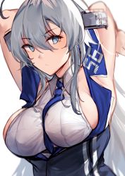 Rule 34 | 1girl, ahoge, arms behind head, blue eyes, blue necktie, breasts, commentary request, headgear, highres, kantai collection, large breasts, long hair, looking at viewer, miyasaka miyabi, necktie, shirt, sideboob, silver hair, simple background, sleeveless, sleeveless shirt, solo, washington (kancolle), white background, white shirt