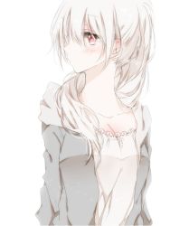 Rule 34 | 1girl, albino, blush, camisole, closed mouth, collarbone, hair between eyes, hiro (hirohiro31), hood, hoodie, long hair, looking at viewer, open clothes, open hoodie, original, pink eyes, ponytail, profile, simple background, solo, upper body, white background, white hair