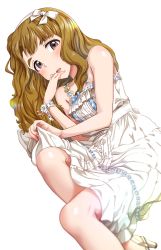 Rule 34 | 1girl, bare shoulders, bow, brown eyes, brown hair, commentary request, dress, dutch angle, hair bow, hairband, high heels, highres, idolmaster, idolmaster million live!, jewelry, long hair, looking at viewer, miyao miya, necklace, run p (aveton), sleeveless, sleeveless dress, solo, sundress, thick eyebrows, white background, white bow, white dress, white hairband, wrist flower