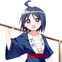 Rule 34 | 1girl, ahoge, blue hair, blue kimono, blush, collarbone, commission, hair ornament, haru (konomi 150), holding, holding stick, japanese clothes, katagiri himeko, kimono, looking at viewer, open mouth, pani poni dash!, parted bangs, pixiv commission, purple eyes, short hair, simple background, solo, stick, upper body, white background