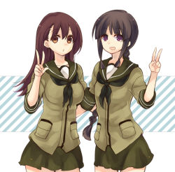 Rule 34 | 10s, 2girls, aki (o2x x2o), bad id, bad pixiv id, black hair, braid, brown eyes, brown hair, kantai collection, kitakami (kancolle), long hair, looking at viewer, multiple girls, ooi (kancolle), open mouth, personification, purple eyes, v