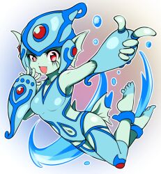 Rule 34 | 1girl, blue one-piece swimsuit, breasts, digimon, digimon (creature), fins, frog girl, full body, helmet, medium breasts, monster girl, one-piece swimsuit, ranamon, smile, swimsuit