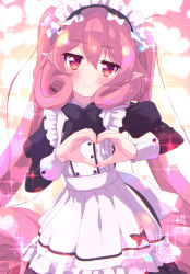 Rule 34 | 1girl, absurdres, alternate costume, blush, bow, bowtie, elf, glitter, heart, heart hands, highres, long hair, looking at viewer, maid, maid headdress, neneka (princess connect!), pink hair, pointy ears, princess connect!, red eyes, smile, solo, sw (taco), twintails, very long hair