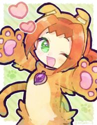 Rule 34 | 1girl, ally (puyopuyo), animal costume, blush, border, brooch, cat costume, doradorakingyo, eyelashes, green background, green eyes, heart, jewelry, looking at viewer, open mouth, orange hair, outstretched arms, paw print, pawpads, puyopuyo, puyopuyo chronicle, puyopuyo quest, short hair, solo, spread arms, white border