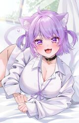 Rule 34 | 1girl, :3, :d, absurdres, ahoge, animal ear fluff, animal ears, belt collar, black collar, blush, breasts, cat ears, cat girl, cat tail, cleavage, collar, fang, heart, highres, hololive, large breasts, looking at viewer, naked shirt, neck ribbon, nekomata okayu, nekomata okayu (oversized shirt), official alternate costume, open mouth, purple eyes, purple hair, purple ribbon, ribbon, shirt, short hair, smile, spoken heart, tail, two side up, virtual youtuber, white shirt, yuuyu (moco20111115)