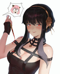 Rule 34 | 2girls, absurdres, anya (spy x family), bare arms, bare shoulders, black dress, black gloves, black hair, blush, breasts, chibi, cleavage, commentary, constricted pupils, dress, emknov, fingerless gloves, gloves, hair between eyes, hairband, hand up, highres, holding, holding weapon, large breasts, long hair, looking at viewer, multiple girls, pink hair, red eyes, reverse grip, sidelocks, simple background, smile, spy x family, upper body, weapon, white background, yor briar