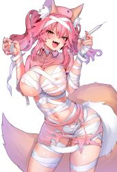 1girl absurdres animal_ear_fluff animal_ears areola_slip bandaged_arm bandaged_leg bandaged_neck bandages blush breasts commentary fangs fate/extra fate_(series) fox_ears fox_girl fox_tail halloween hat highres holding holding_syringe large_breasts leaning_forward long_hair looking_at_viewer mummy_costume nail_polish navel nurse open_mouth orange_eyes pink_hair pink_hat pink_nails pink_shrug pink_skirt sarashi simple_background skirt smile solo stomach syringe tail tamamo_(fate) teeth thighs tongue torn_clothes torn_skirt twintails upper_teeth_only white_background wisespeak