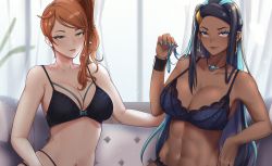 Rule 34 | 2girls, bare shoulders, black hair, blue hair, blush, bra, breasts, cleavage, couch, creatures (company), curtains, dark-skinned female, dark skin, earrings, elbow rest, game freak, green eyes, grey eyes, hair ornament, heart, heart hair ornament, highres, indoors, jewelry, large breasts, lingerie, lips, looking at viewer, makeup, mascara, multicolored hair, multiple girls, nail polish, navel, necklace, nessa (pokemon), nintendo, plant, playing with own hair, pokemon, pokemon swsh, red hair, seductive smile, side ponytail, smile, sonia (pokemon), thighhighs, tinnies, underwear, upper body, window