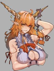 1girl absurdres armpits bow breasts cleavage_cutout clothing_cutout grey_background highres ibuki_suika large_breasts looking_at_viewer oni orange_eyes orange_hair red_bow shirt single_handcuff solo sparkle tomatolover16 touhou white_shirt