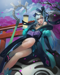 Rule 34 | 1girl, aoandon, arm support, bare shoulders, blue eyes, blunt bangs, bow, cherry, cherry blossoms, finger to mouth, food, fruit, gloves, hair ornament, highres, japanese clothes, knee up, lantern, lips, long hair, looking at viewer, miniskirt, mountain, off shoulder, onmyoji, partially fingerless gloves, petals, sitting, skirt, solo, staff, statue, torii, turewindwalker, white hair