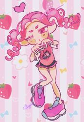 Rule 34 | 1girl, :o, absurdres, black shorts, commentary request, drill hair, eyelashes, flower, food, fruit, full body, heart, highres, nintendo, octoling, octoling girl, octoling player character, one eye closed, payayo884, pink background, pink eyes, pink footwear, pink hair, pink shirt, shirt, shoes, short hair, short shorts, shorts, signature, solo, splatoon (series), standing, standing on one leg, strawberry, tentacle hair, thick eyebrows, twin drills, twintails, two-tone background, white background