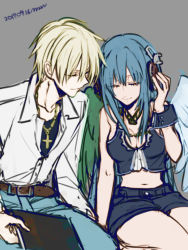 Rule 34 | 1boy, 1girl, alternate costume, asymmetrical wings, bare shoulders, blonde hair, blue hair, breasts, casual, chain, chain necklace, choker, cleavage, closed eyes, couple, dizzy (guilty gear), guilty gear, guilty gear xx, headphones, jewelry, ky kiske, long hair, maka (morphine), midriff, necklace, pants, shorts, wings