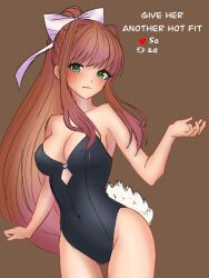 Rule 34 | 1girl, alternate costume, asuno-san, bare arms, bare shoulders, black leotard, breasts, brown background, brown hair, commentary, covered navel, cowboy shot, doki doki literature club, english commentary, english text, green eyes, hair ribbon, highres, large breasts, leotard, like and retweet, long hair, looking at viewer, meme, monika (doki doki literature club), parted lips, playboy bunny, ponytail, rabbit tail, ribbon, sidelocks, simple background, sketch, smile, solo, strapless, strapless leotard, tail, thigh gap, twitter strip game (meme), very long hair, white ribbon