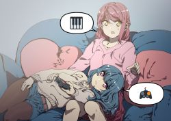 Rule 34 | 2girls, bad id, bad twitter id, belt, blue background, blue hair, blue shorts, brown belt, brown legwear, controller, couch, ecoman, highres, long hair, lying on lap, mother and daughter, multiple girls, original, pantyhose, pillow, pink sweater, purple eyes, red hair, red skirt, remote control, short hair, shorts, sitting, skirt, speech bubble, sweater, yellow eyes, yuri