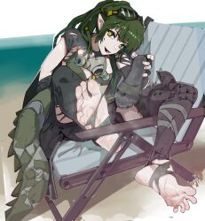 Rule 34 | 1girl, absurdres, arknights, barefoot, chair, crocodilian tail, dark green hair, feet, gavial (arknights), goggles, goggles on head, highres, long hair, looking at viewer, lounge chair, pointy ears, ponytail, shoes, unworn shoes, single shoe, soles, steam, sweat, tail, thighhighs, toes, torn clothes, torn thighhighs, yellow eyes
