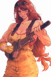 Rule 34 | 1girl, abella (fear &amp; hunger), absurdres, adjustable wrench, bare shoulders, breasts, fear &amp; hunger, fear &amp; hunger 2: termina, gloves, highres, holding, large breasts, long hair, low-tied long hair, muscular, muscular female, overalls, pipe wrench, pixel art, spoiledmuffin, wrench, yellow overalls