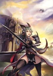 Rule 34 | animal ears, armor, boots, church, cloud, dragon, dual wielding, elbow gloves, eruthika, flying, gloves, green hair, highres, holding, orange eyes, sky, solo, sword, tail, thighhighs, vambraces, weapon