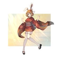 Rule 34 | 1girl, absurdres, arms up, blonde hair, brown eyes, bunny day, carrot (one piece), chagallkun, flower, full body, furry, furry female, hair flower, hair ornament, highres, japanese clothes, kimono, long sleeves, looking at viewer, medium hair, okobo, one piece, print kimono, rabbit girl, red kimono, sandals, short kimono, smile, thighhighs, white thighhighs, wide sleeves