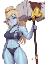 Rule 34 | 1girl, abs, absurdres, bare arms, bare shoulders, black panties, blonde hair, breasts, closed mouth, collarbone, commission, cowboy shot, eyelashes, fang, feet out of frame, grey background, hammer, highres, holding, holding hammer, holding weapon, large breasts, league of legends, long hair, muscular, muscular female, navel, panties, pink eyes, pointy ears, poppy (league of legends), sidelocks, signature, simple background, speedl00ver, sports bra, sportswear, striped, striped sports bra, swept bangs, thick thighs, thighs, twintails, underwear, weapon, white background