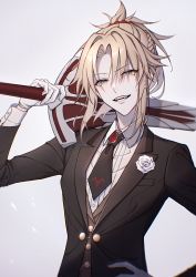 Rule 34 | 1girl, absurdres, bambi-25, black jacket, black necktie, blonde hair, boutonniere, braid, brown vest, clarent (fate), cowboy shot, fangs, fate/grand order, fate (series), flower, french braid, gloves, green eyes, hair ornament, hair scrunchie, hand on own hip, heroic spirit formal dress, highres, jacket, lapels, looking at viewer, mordred (fate), mordred (fate/apocrypha), mordred (formal dress) (fate), necktie, notched lapels, over shoulder, ponytail, red scrunchie, rose, scrunchie, shirt, smile, solo, sword, sword over shoulder, vest, weapon, weapon over shoulder, white background, white flower, white gloves, white rose, white shirt