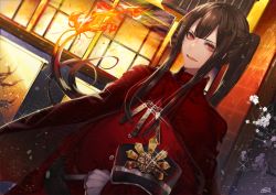 Rule 34 | 1boy, :d, arm at side, backlighting, black hat, building, burning hair, cape, chain, dutch angle, fate/grand order, fate (series), fire, glint, gloves, hat, holding, holding clothes, holding hat, jacket, light particles, long hair, long sleeves, looking at viewer, male focus, military jacket, oda nobukatsu (fate), open mouth, peaked cap, ponytail, red cape, red jacket, sidelocks, signature, smile, unworn hat, unworn headwear, upper body, v-shaped eyebrows, very long hair, white gloves, window, yakusuke