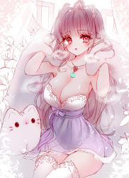 Rule 34 | 1girl, animal, breasts, brown hair, cat, cleavage, collarbone, commentary request, flower, hands up, highres, long hair, looking at viewer, medium breasts, original, parted lips, pleated skirt, pointy ears, purple skirt, red eyes, sitting, skirt, smile, solo, tandohark, thighhighs, tiara, very long hair, white flower, white thighhighs