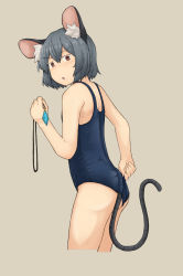 Rule 34 | 1girl, adjusting clothes, adjusting swimsuit, alternate costume, animal ears, ass, blue one-piece swimsuit, blush, brown background, brown eyes, chagamaka, commentary request, cowboy shot, cropped legs, crystal, flat chest, grey hair, highres, jewelry, looking at viewer, looking to the side, mouse ears, mouse girl, mouse tail, nazrin, one-piece swimsuit, open mouth, pendant, short hair, simple background, solo, swimsuit, tail, touhou