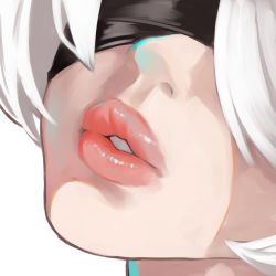 Rule 34 | 1girl, black blindfold, blindfold, chorogon, face, lips, medium hair, nier (series), nier:automata, parted lips, pink lips, simple background, solo, white background, white hair, 2b (nier:automata)
