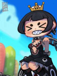 Rule 34 | &gt; &lt;, 1girl, :d, ahoge, animated, animated gif, ankle cuffs, artist name, bare shoulders, barking, black dress, black eyes, black hair, black legwear, blunt bangs, blush, boots, bound, bound wrists, breasts, chain, chain chomp, chain leash, cleavage, cloud, collar, collarbone, commentary, covered navel, cross-laced clothes, cuffs, day, dress, earrings, elbow gloves, english text, flat chest, gloves, grass, handcuffs, hill, huge filesize, jewelry, knee boots, leash, mario (series), new super mario bros. u deluxe, nintendo, open mouth, outdoors, princess chain chomp, sharp teeth, short eyebrows, short hair, sitting, sky, smile, solo focus, sukendo, super crown, teeth, wrist cuffs