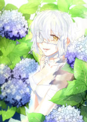 Rule 34 | 1girl, bandages, claudia hortensia, eyepatch, fate/hollow ataraxia, fate/zero, fate (series), flower, highres, hydrangea, medical eyepatch, name connection, short hair, solo, sunday31, wavy hair, white hair, yellow eyes