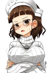 Rule 34 | 1girl, blunt bangs, brown eyes, brown hair, capelet, commentary request, crossed arms, eyewear strap, glasses, headdress, highres, jewelry, kantai collection, looking at viewer, nassukun, necklace, official alternate costume, one-hour drawing challenge, pince-nez, ribbed sweater, roma (kancolle), simple background, solo, sweater, twitter username, wavy hair, white background, white sweater