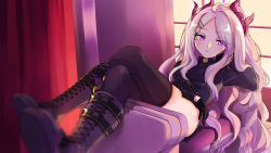 Rule 34 | 1girl, ahoge, arm support, armchair, ass, belt, black gloves, black legwear, black skirt, blue archive, blupxiv, boots, chair, commentary request, demon girl, demon horns, eyes visible through hair, forehead, from below, gloves, hair ornament, hairclip, halo, highres, hina (blue archive), horns, knee boots, long hair, long sleeves, looking at viewer, lying, military, military uniform, parted bangs, pencil skirt, purple eyes, side slit, sidelocks, skirt, solo, uniform, white hair, window