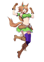 Rule 34 | 1girl, :d, animal ears, armpits, arms up, bad leg, bandeau, belt, blue eyes, boots, brown belt, brown footwear, brown hair, commentary request, detached sleeves, full body, green skirt, gun, handgun, holster, horse ears, looking at viewer, midriff, miniskirt, navel, open mouth, purple thighhighs, revolver, short hair, short sleeves, simple background, skirt, skirt set, smile, solo, stomach, taiki shuttle (umamusume), tail, tenkey2022, thighhighs, umamusume, weapon, white background