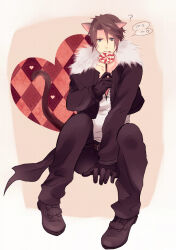 Rule 34 | 1boy, ?, animal ears, belt, between legs, black footwear, black gloves, black jacket, black pants, blue eyes, brown background, brown hair, candy, cat boy, cat ears, cat tail, checkered background, commentary request, covering own mouth, cropped jacket, final fantasy, final fantasy viii, food, fur-trimmed jacket, fur trim, furrowed brow, gloves, hand between legs, hand on ground, heart, holding, holding candy, holding food, holding lollipop, invisible chair, jacket, light brown background, lollipop, looking down, male focus, minatoya mozuku, open clothes, open jacket, pants, shirt, shoes, short hair, sitting, solo, speech bubble, squall leonhart, tail, translated, v-neck, waist cape, white shirt